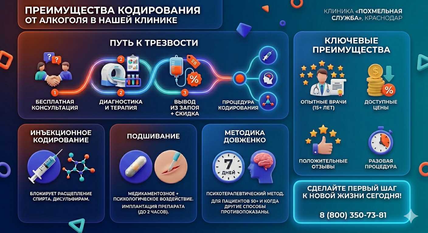 Инфографика о методах кодирования от алкоголя в Белой Глине: инъекции, подшивание, метод Довженко. Преимущества клиники и этапы лечения.