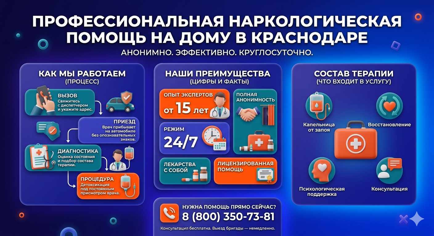 Инфографика о принципах лечения алкоголизма на дому в Белой Глине: этапы вызова нарколога, преимущества анонимной детоксикации и состав медицинской помощи.
